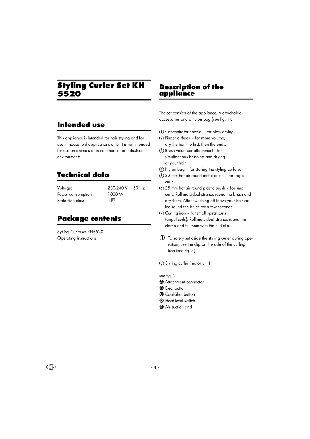 Balance KH 5520 manual Styling Curler Set KH, Description of the appliance Intended use, Technical data, Package contents 