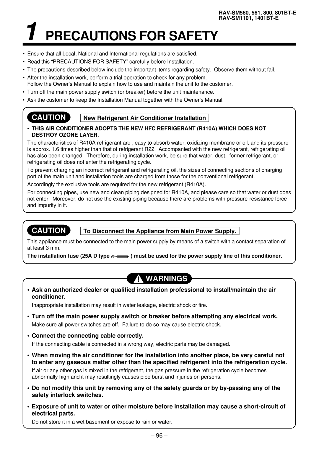 Balcar R410A service manual Precautions for Safety, Connect the connecting cable correctly 