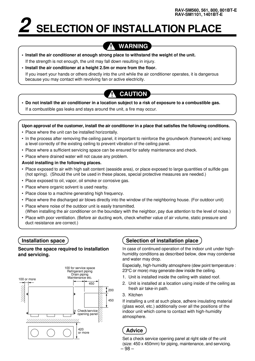 Balcar R410A service manual Selection of Installation Place, Installation space Selection of installation place, Advice 