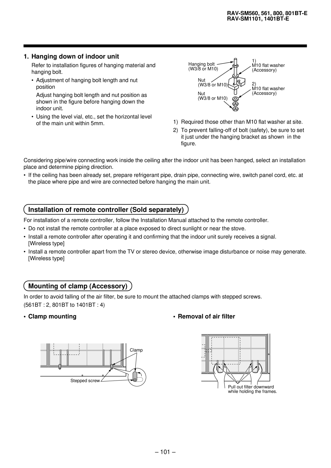 Balcar R410A Installation of remote controller Sold separately, Mounting of clamp Accessory, Hanging down of indoor unit 