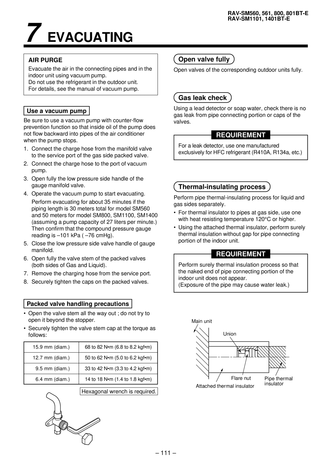 Balcar R410A service manual Open valve fully, Gas leak check, Use a vacuum pump, Packed valve handling precautions, 111 