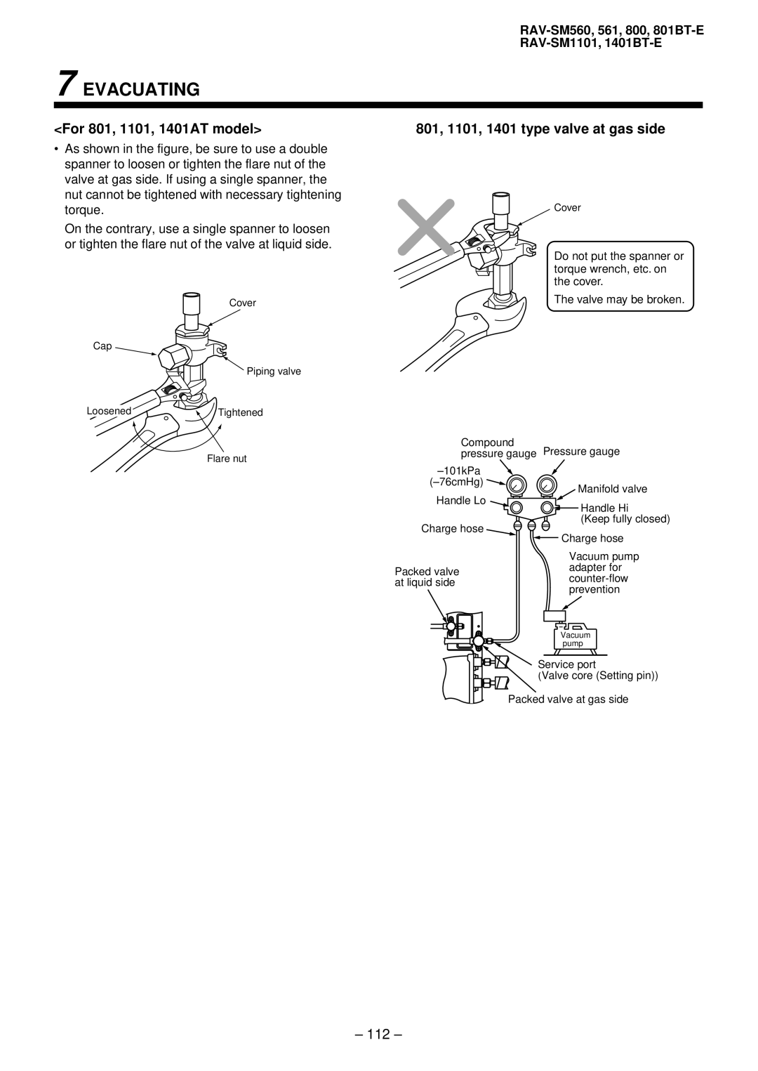 Balcar R410A service manual For 801, 1101, 1401AT model, 801, 1101, 1401 type valve at gas side, 112 