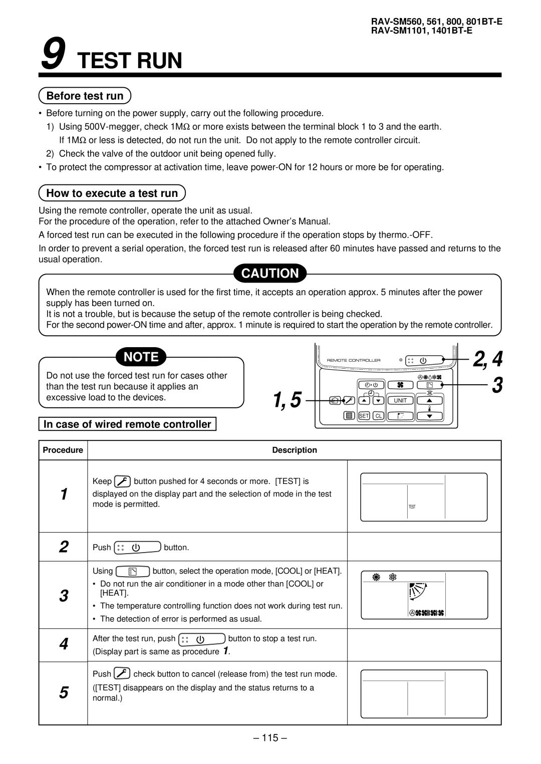 Balcar R410A service manual Test RUN, Before test run, How to execute a test run, Case of wired remote controller, 115 