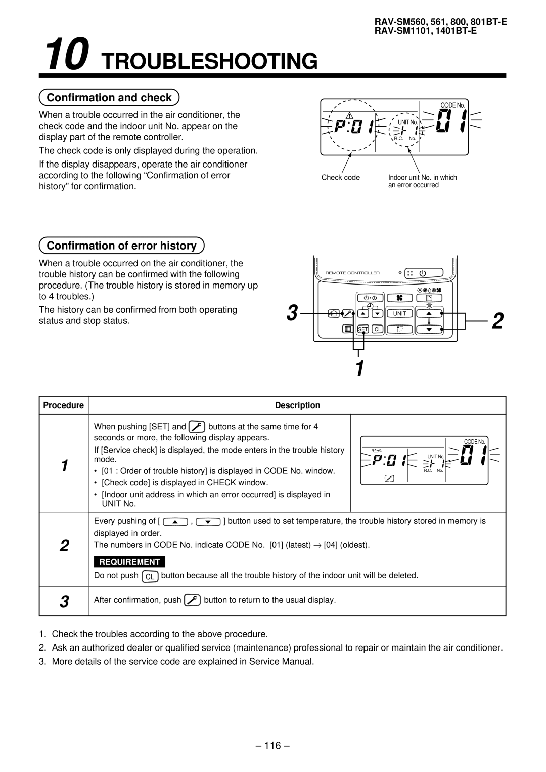 Balcar R410A Troubleshooting, Confirmation and check, Confirmation of error history, 116, Procedure Description 