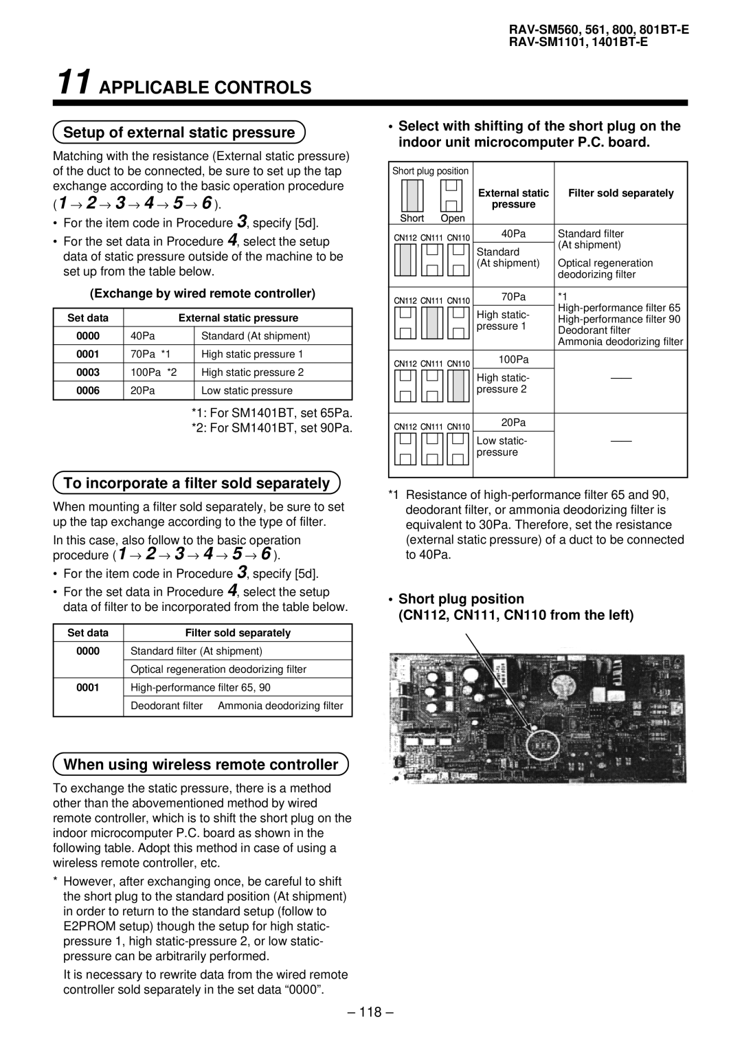 Balcar R410A service manual Setup of external static pressure, To incorporate a filter sold separately, 118 