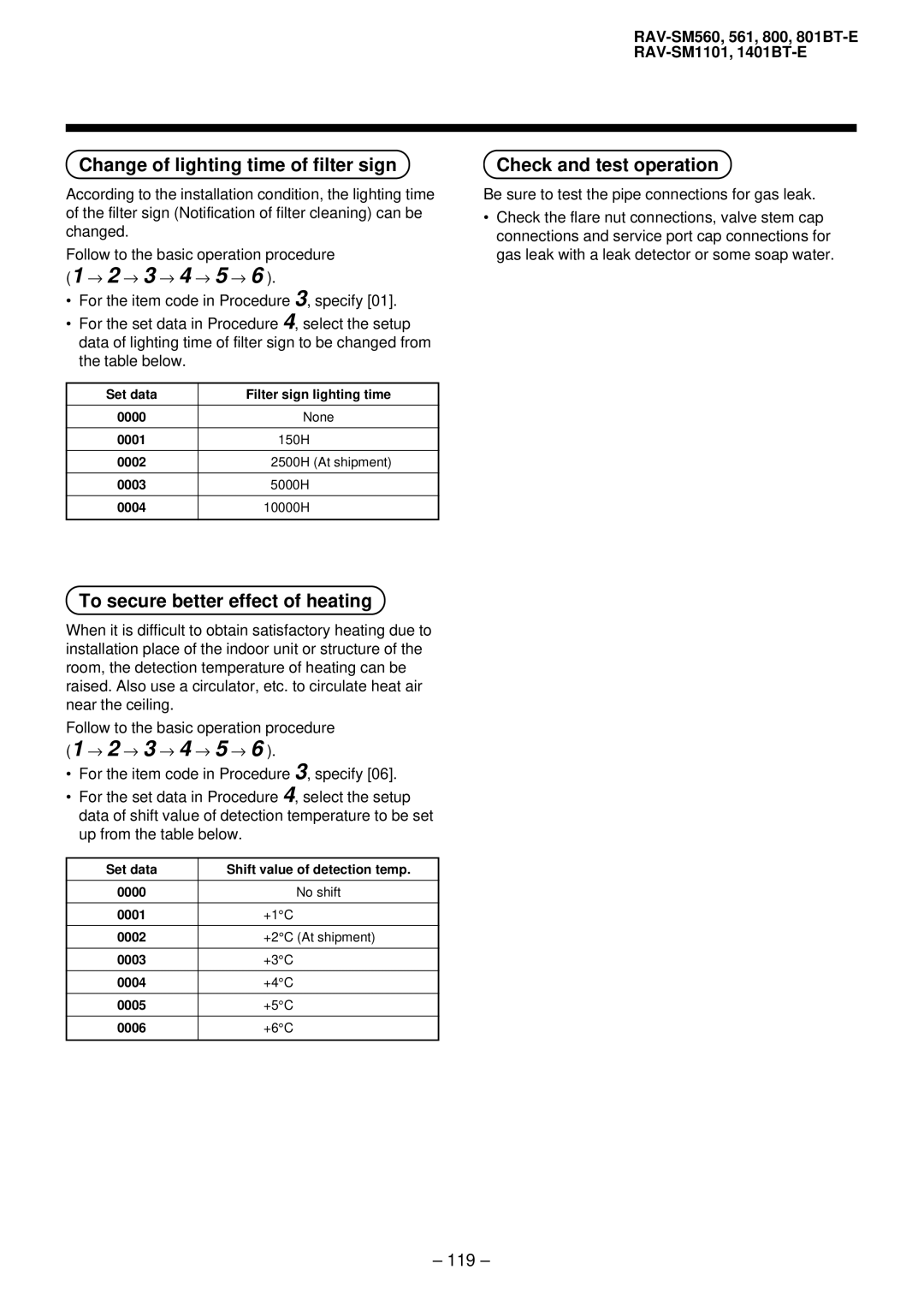 Balcar R410A service manual Change of lighting time of filter sign, To secure better effect of heating, 119 