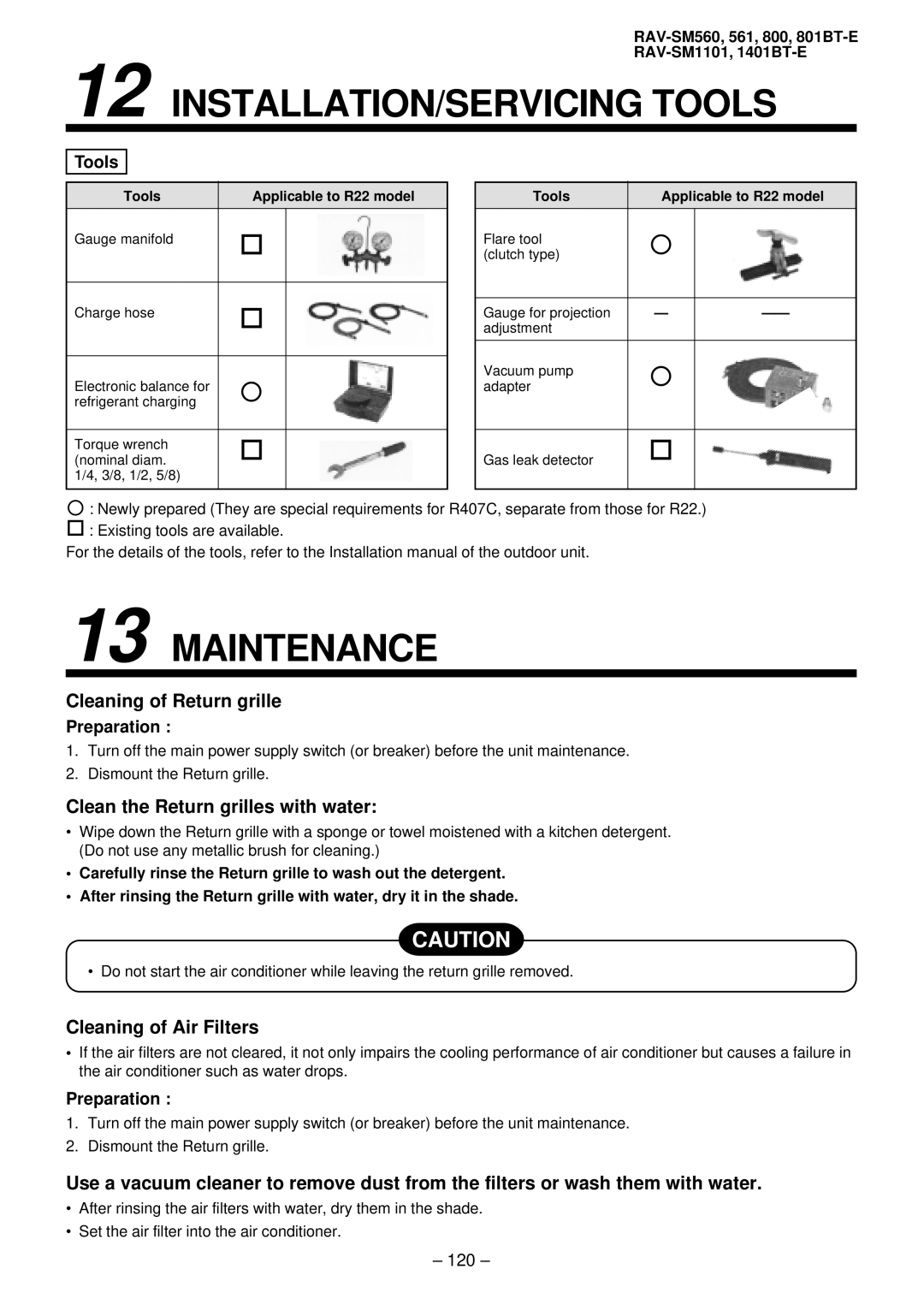 Balcar R410A INSTALLATION/SERVICING Tools, Maintenance, Cleaning of Return grille, Clean the Return grilles with water 