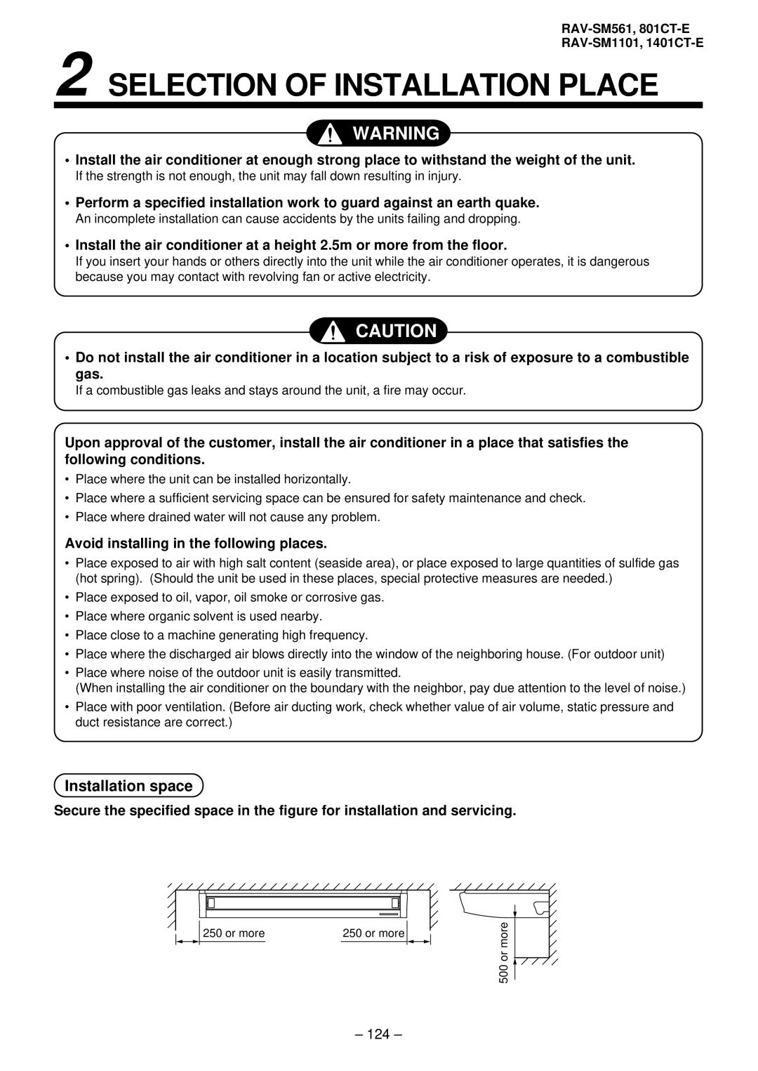 Balcar R410A service manual Installation space, Avoid installing in the following places, 124 