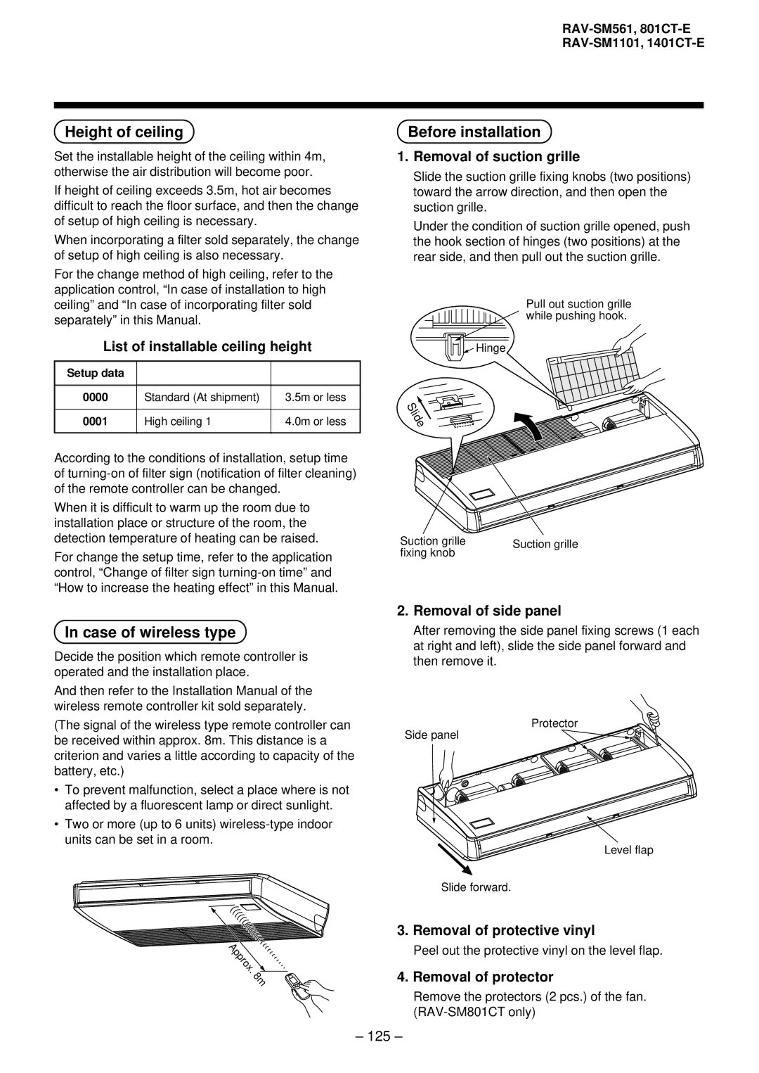 Balcar R410A service manual Height of ceiling, Case of wireless type 