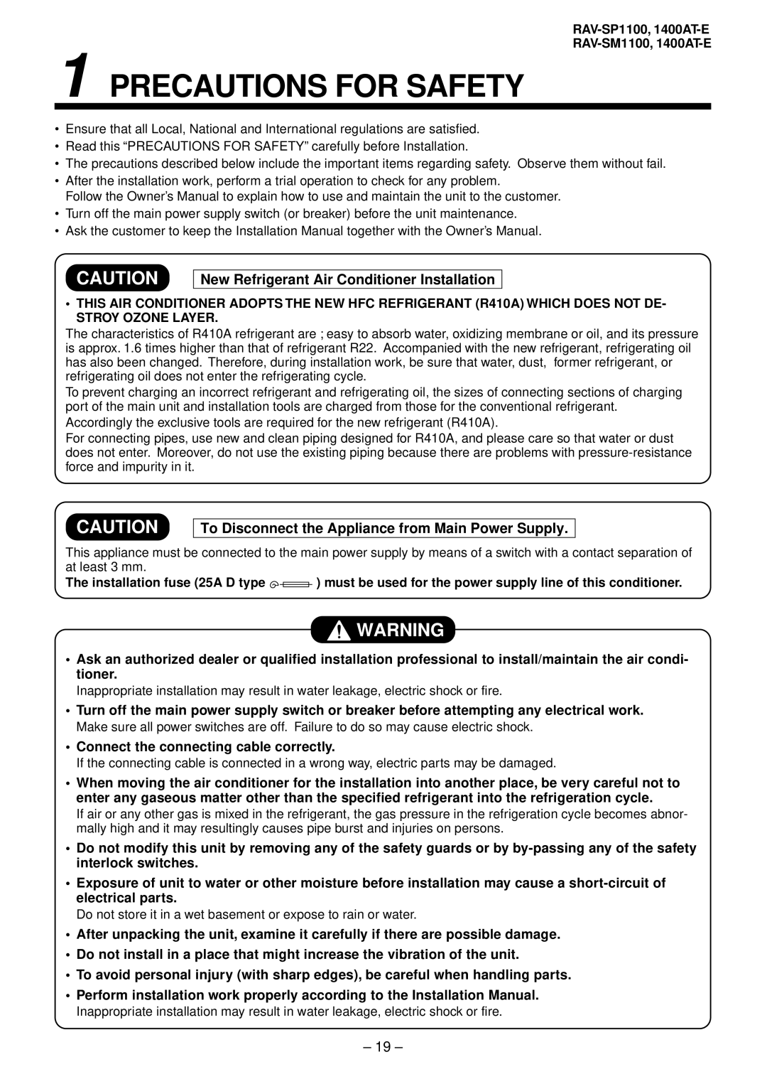 Balcar R410A service manual Precautions for Safety, New Refrigerant Air Conditioner Installation 