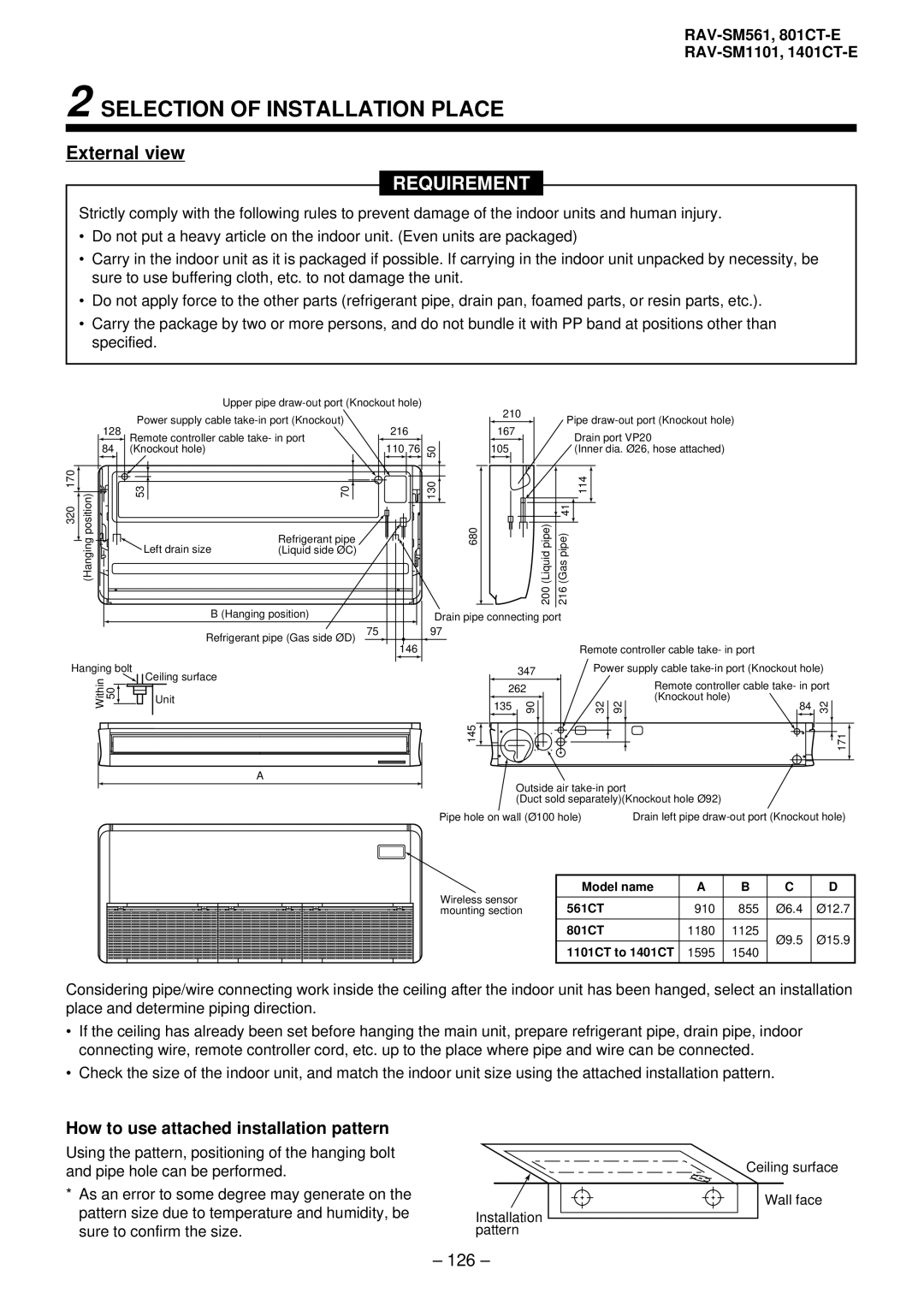 Balcar R410A service manual How to use attached installation pattern, 126, Model name 561CT, 801CT, 1101CT to 1401CT 