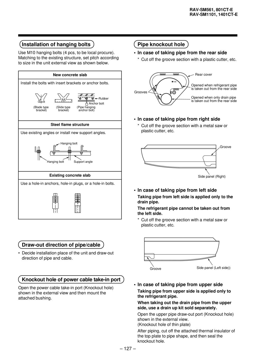 Balcar R410A service manual Installation of hanging bolts, Pipe knockout hole, Draw-out direction of pipe/cable 