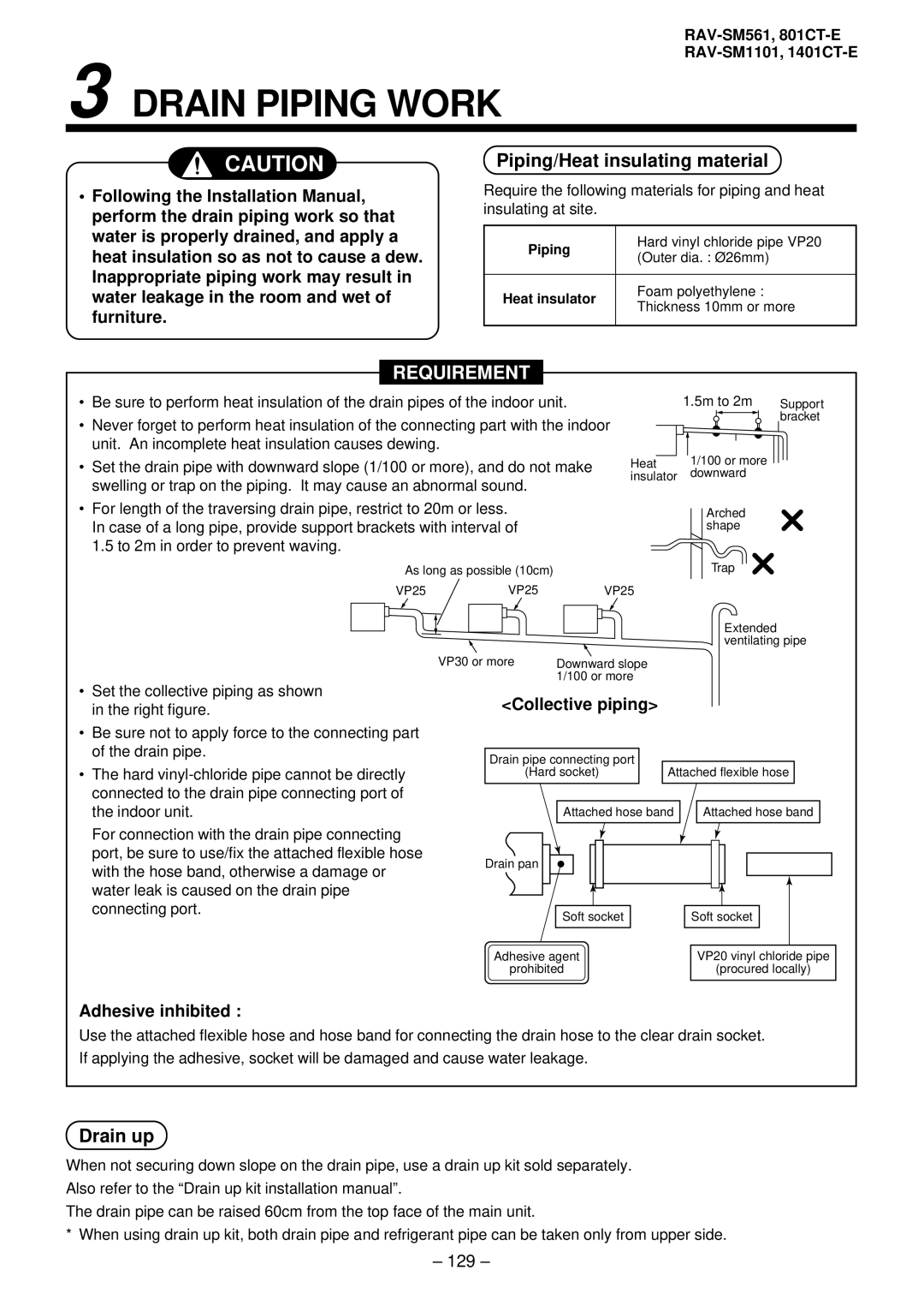 Balcar R410A service manual Piping/Heat insulating material, Drain up, Collective piping, Adhesive inhibited, 129 