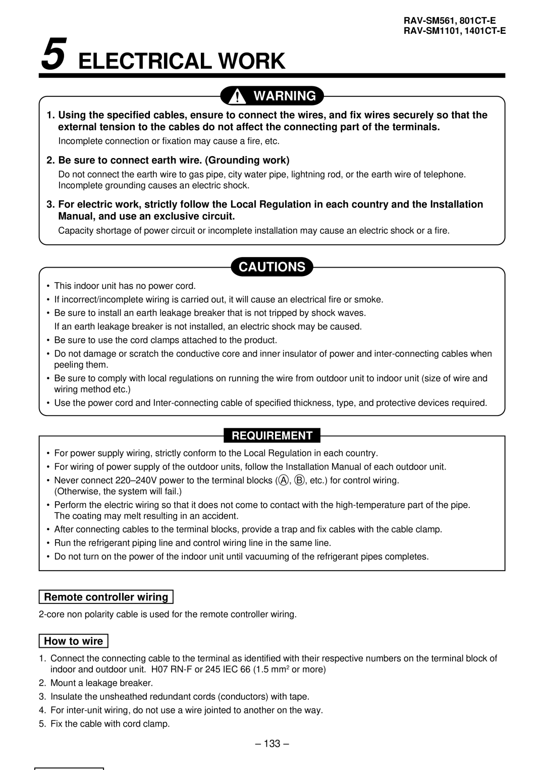 Balcar R410A service manual Be sure to connect earth wire. Grounding work, Remote controller wiring, 133 