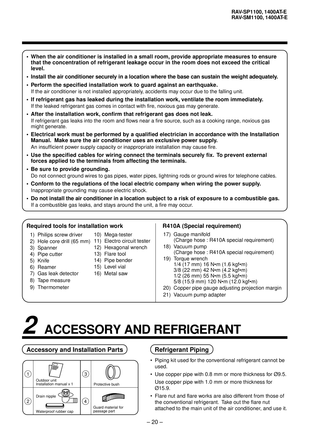 Balcar R410A service manual Accessory and Refrigerant, Accessory and Installation Parts, Refrigerant Piping 