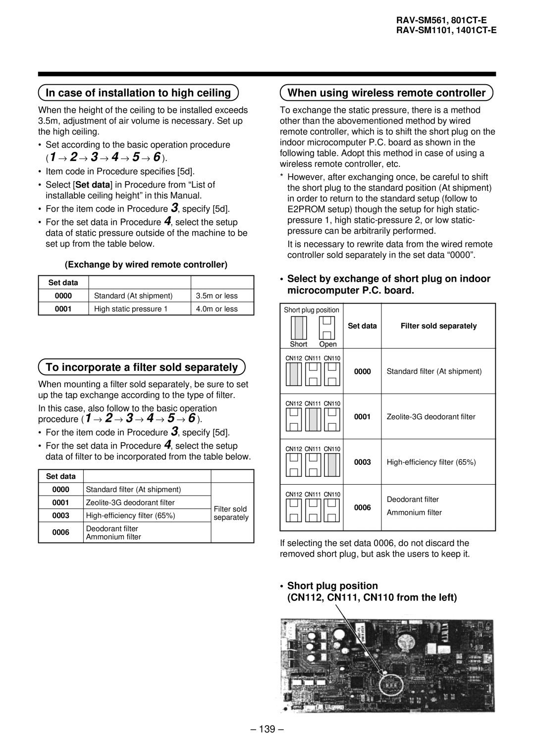 Balcar R410A service manual Case of installation to high ceiling, 139, Set data 0000, Filter sold separately 