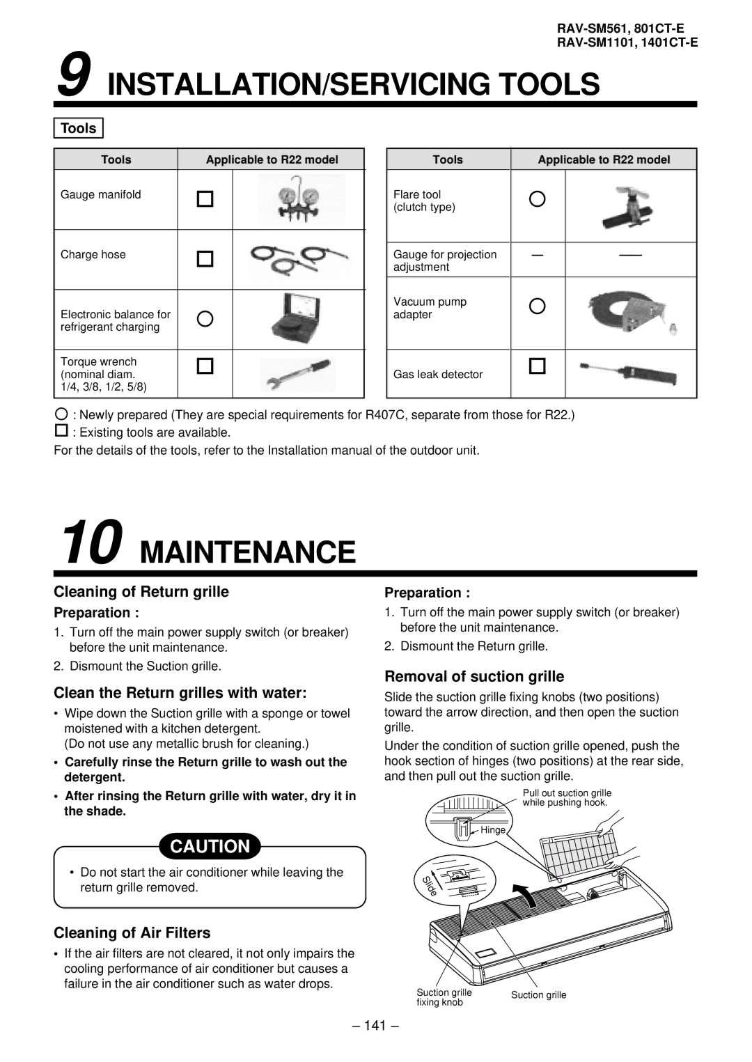 Balcar R410A service manual Removal of suction grille, 141, Tools 