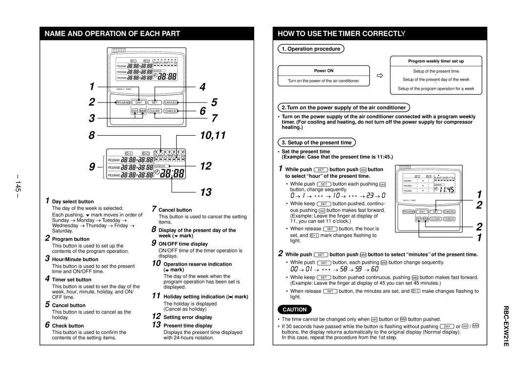 Balcar R410A Operation procedure, Day select button, Program button Cancel button, Hour/Minute button, Timer set button 