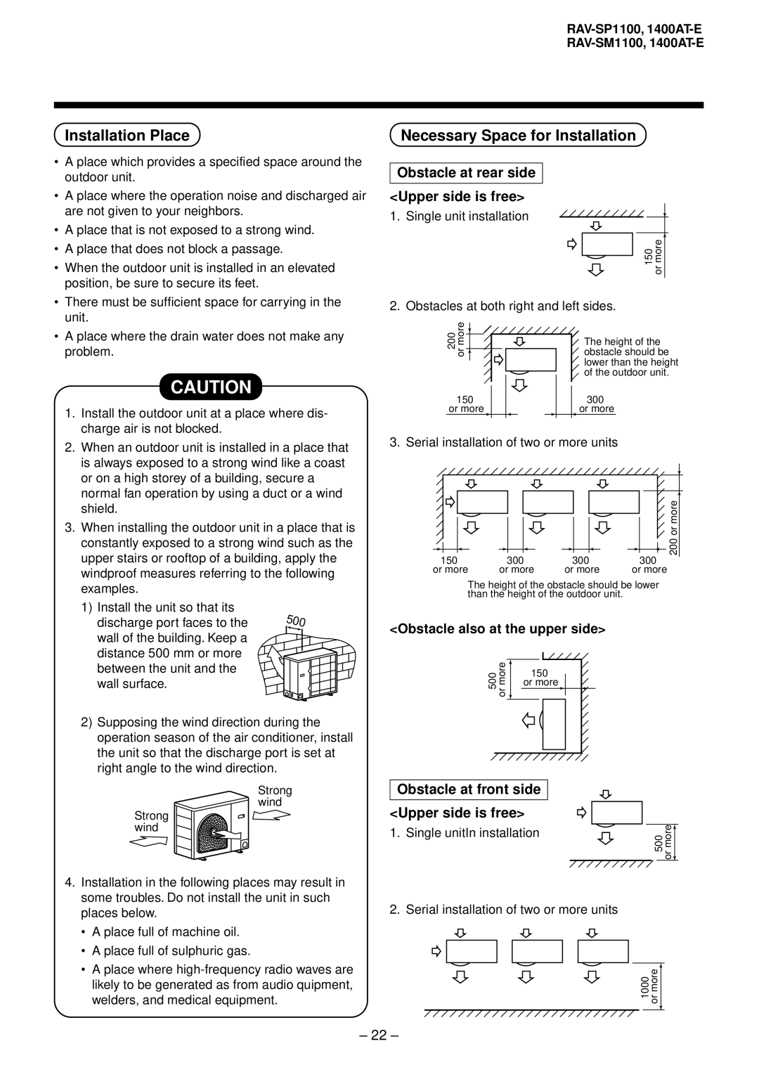 Balcar R410A service manual Installation Place, Necessary Space for Installation, Obstacle at rear side Upper side is free 