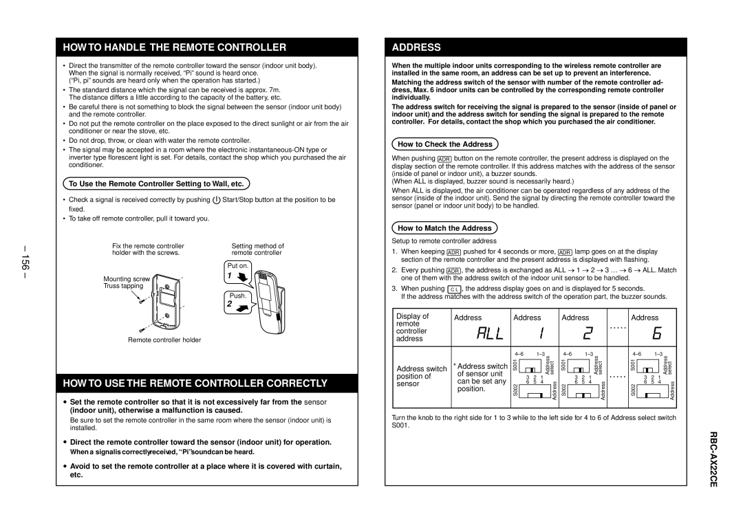 Balcar R410A 156, To Use the Remote Controller Setting to Wall, etc, How to Check the Address, How to Match the Address 