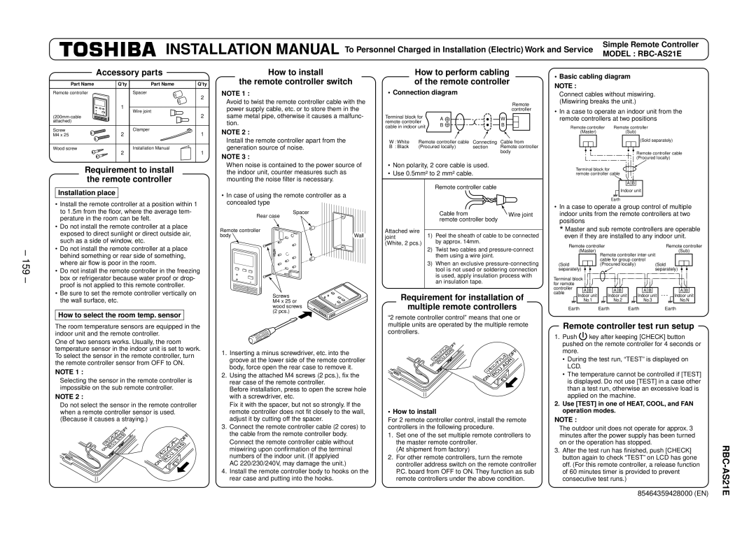 Balcar R410A service manual 159, Accessory parts, Requirement for installation Multiple remote controllers 