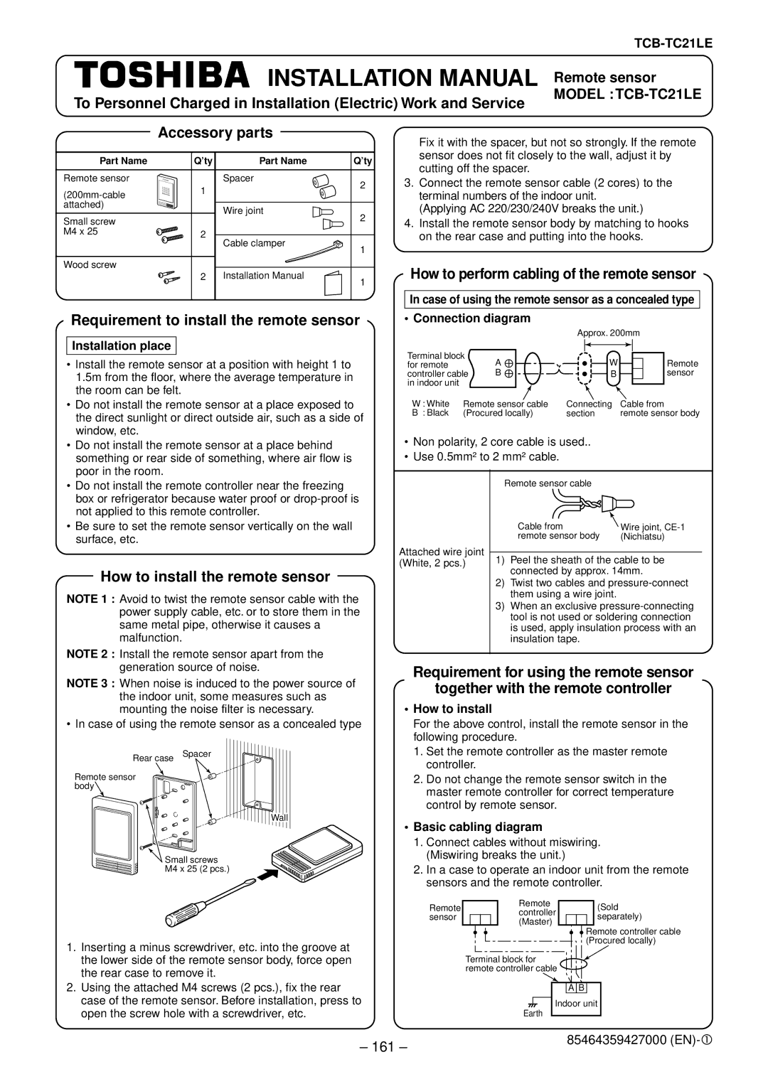 Balcar R410A Accessory parts, Requirement to install the remote sensor, How to install the remote sensor, 161 