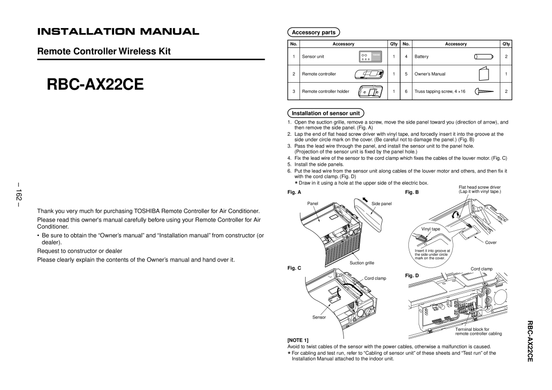 Balcar R410A service manual 162, Installation of sensor unit, Accessory 