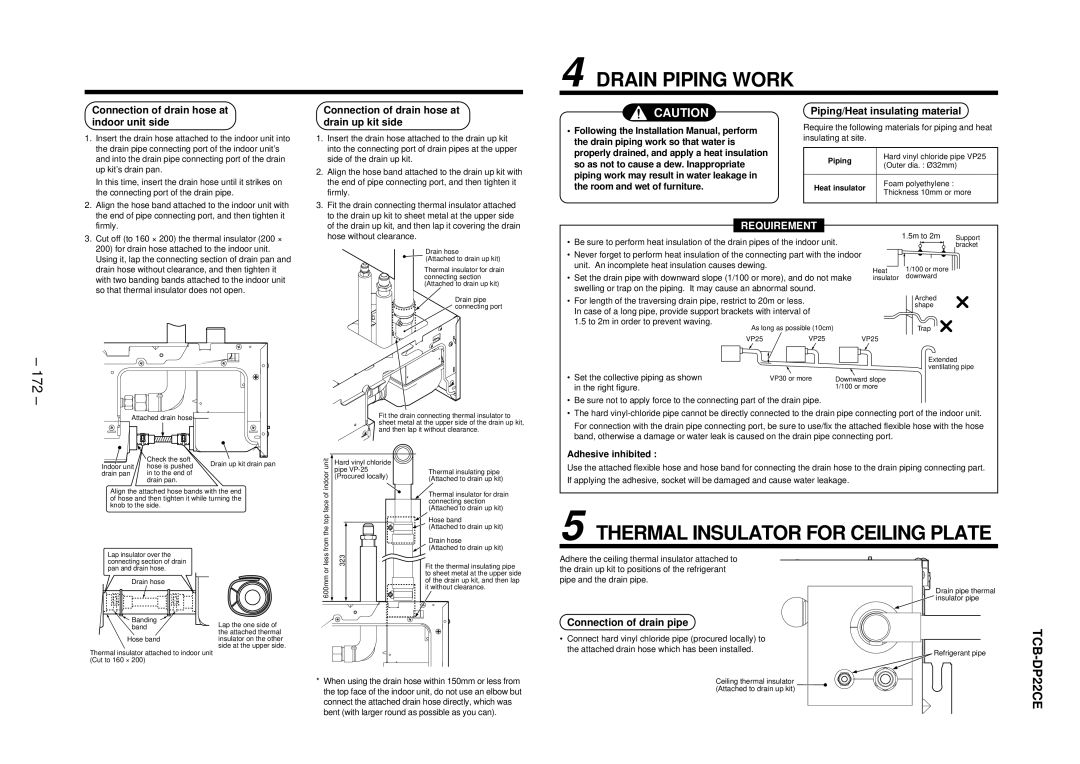 Balcar R410A 172, Connection of drain hose at indoor unit side, Connection of drain hose at drain up kit side 