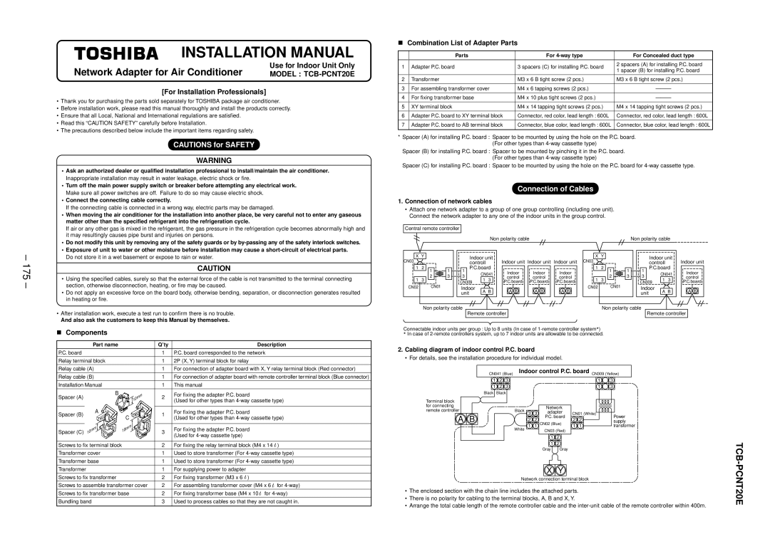 Balcar R410A 175, Use for Indoor Unit Only, For Installation Professionals, Combination List of Adapter Parts, Components 