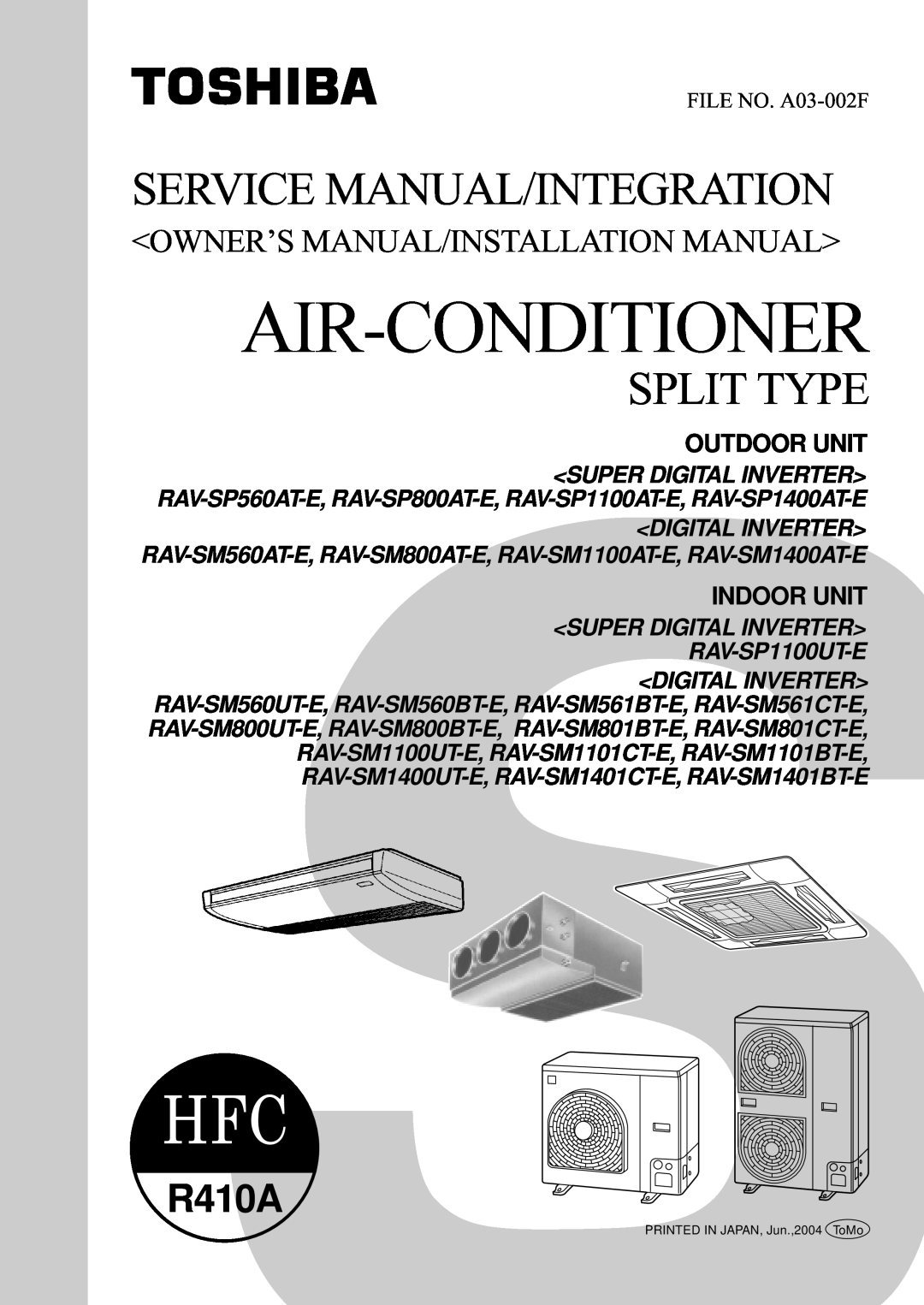 Balcar R410A service manual <Owner’S Manual/Installation Manual>, Outdoor Unit, Indoor Unit, Service Manual/Integration 