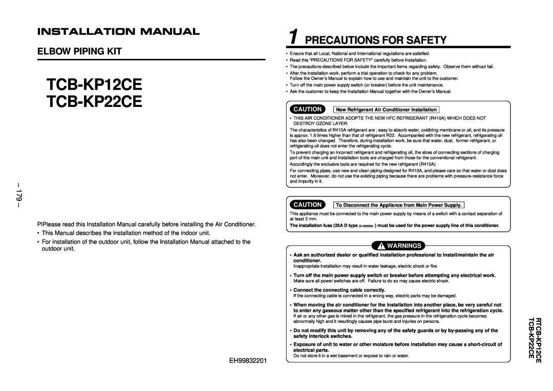 Balcar R410A service manual TCB-KP12CE TCB-KP22CE, Precautions For Safety, Installation Manual, 179, Warnings 