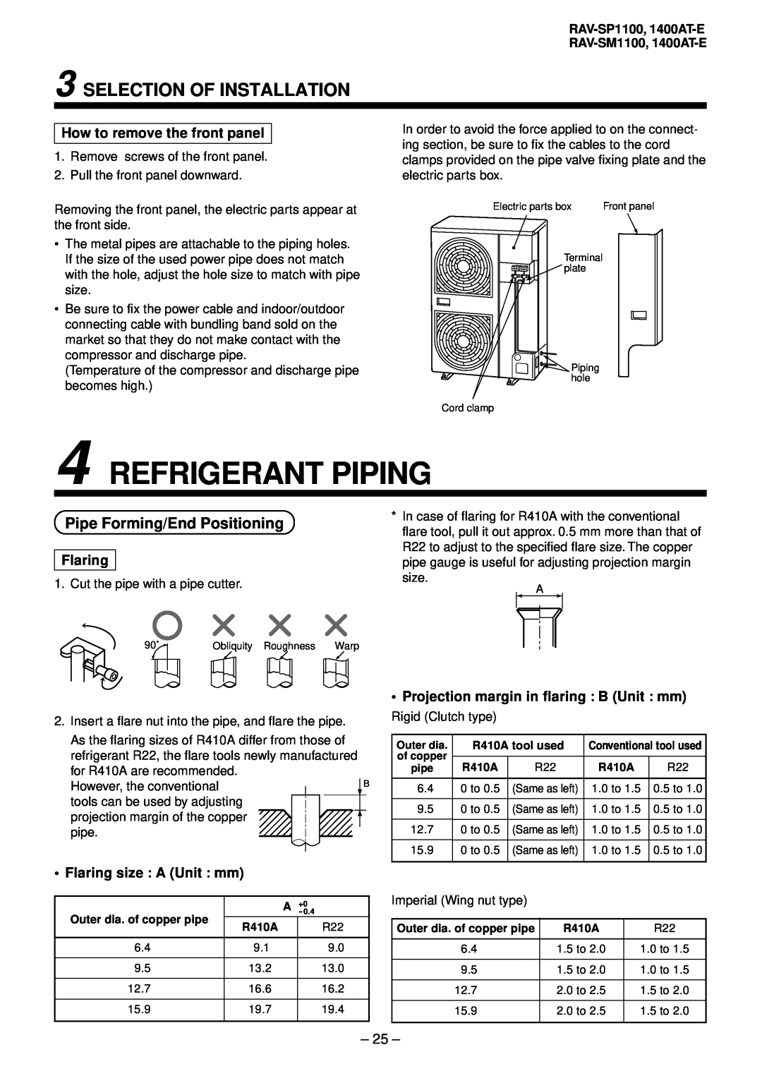 Balcar R410A service manual Refrigerant Piping, Pipe Forming/End Positioning, How to remove the front panel, Flaring, 25 