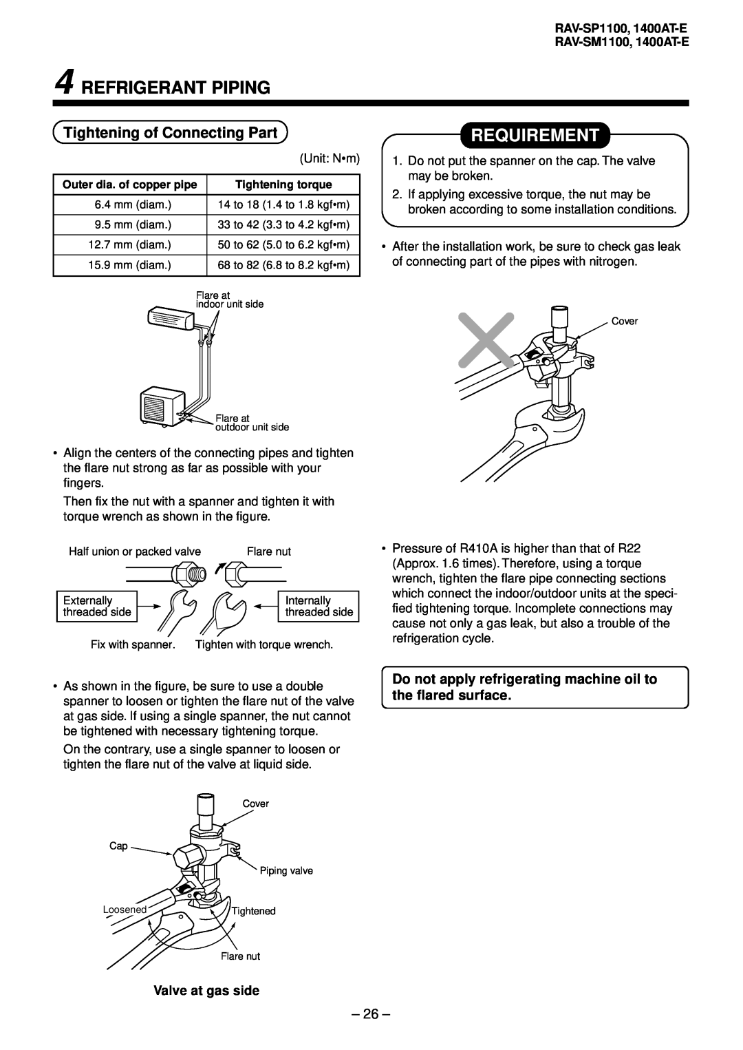 Balcar R410A service manual Refrigerant Piping, Requirement, Tightening of Connecting Part, 26 