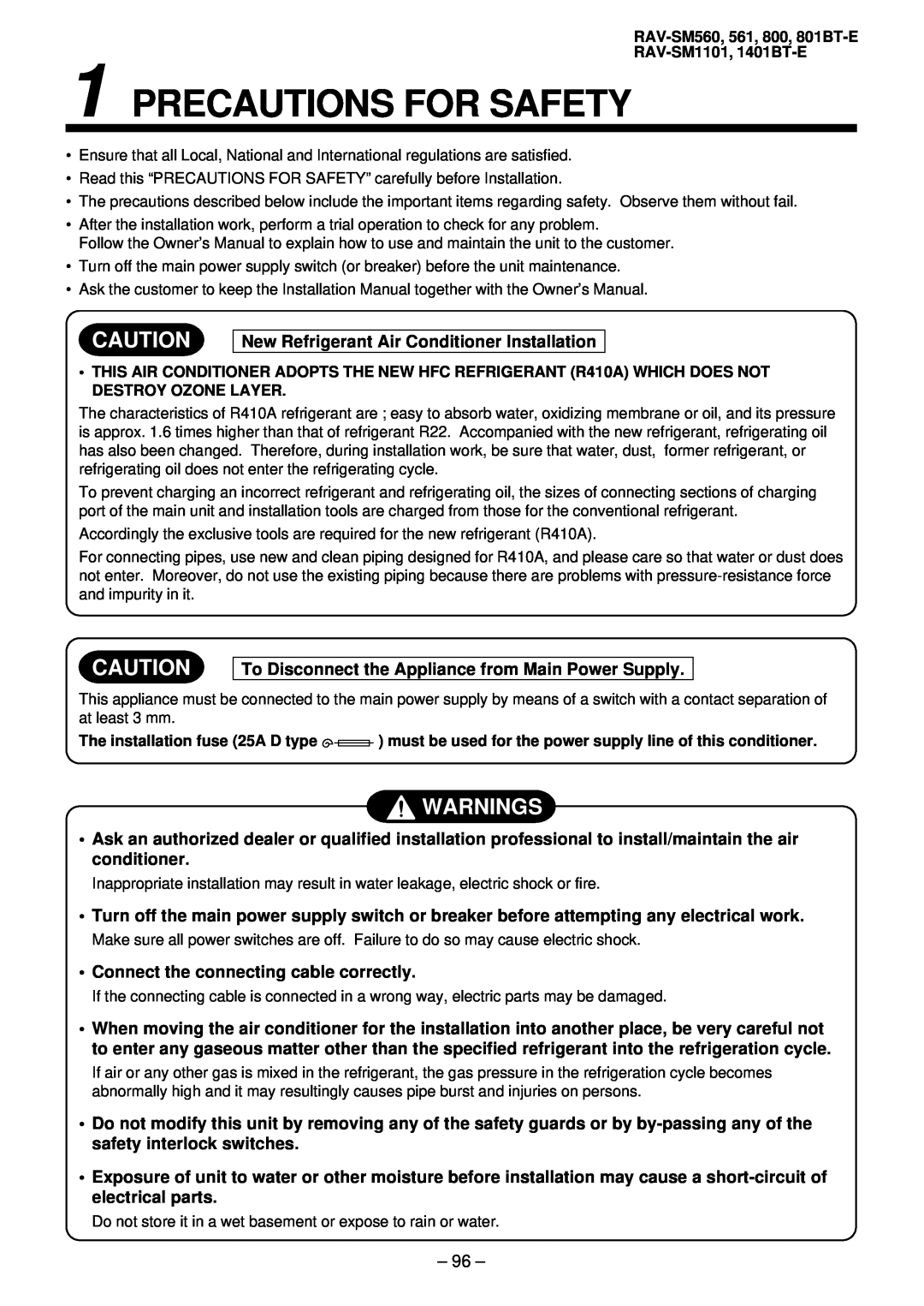 Balcar R410A service manual Precautions For Safety, Warnings, New Refrigerant Air Conditioner Installation 