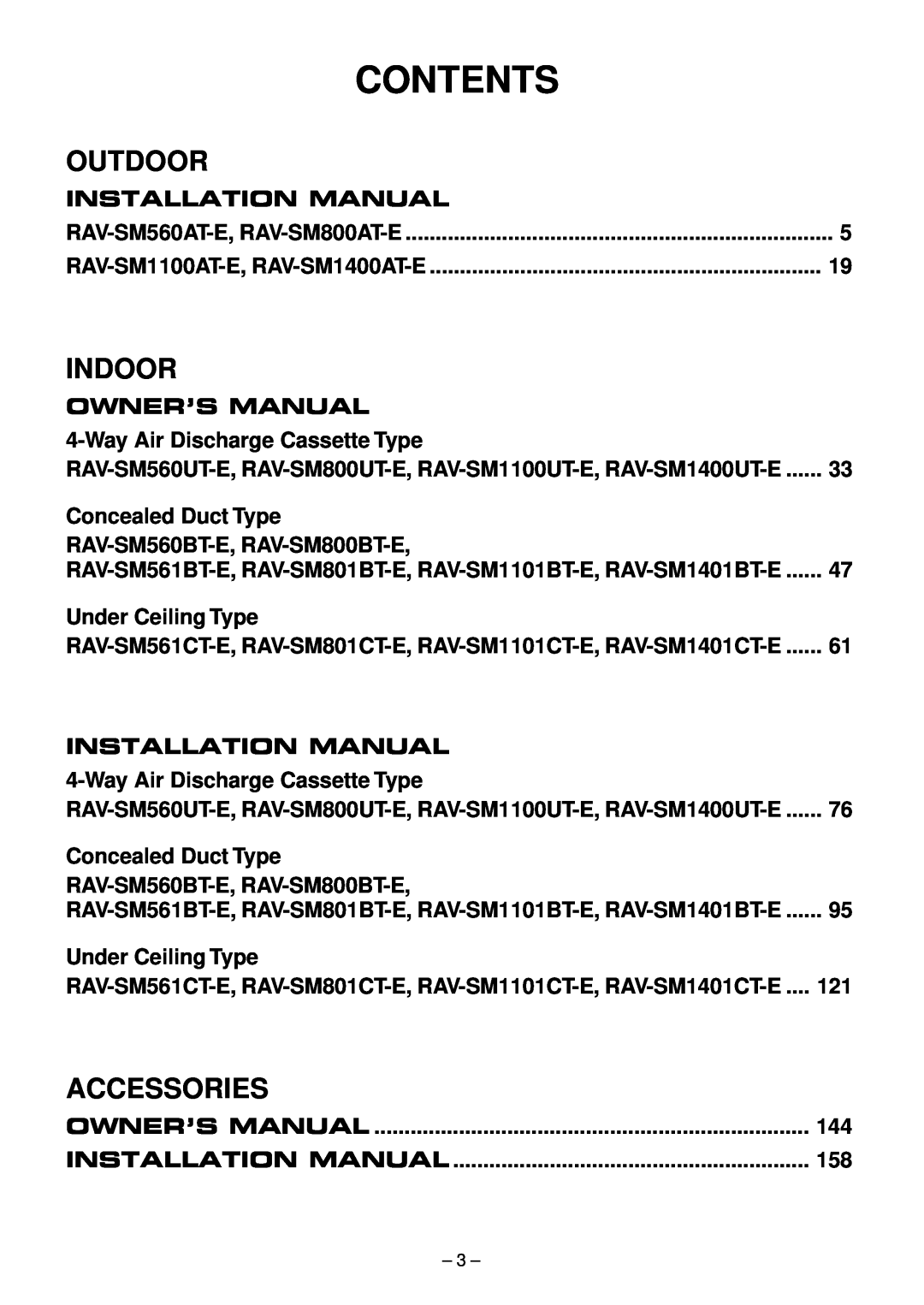 Balcar R410A service manual Contents, Outdoor, Indoor, Accessories, Installation Manual 