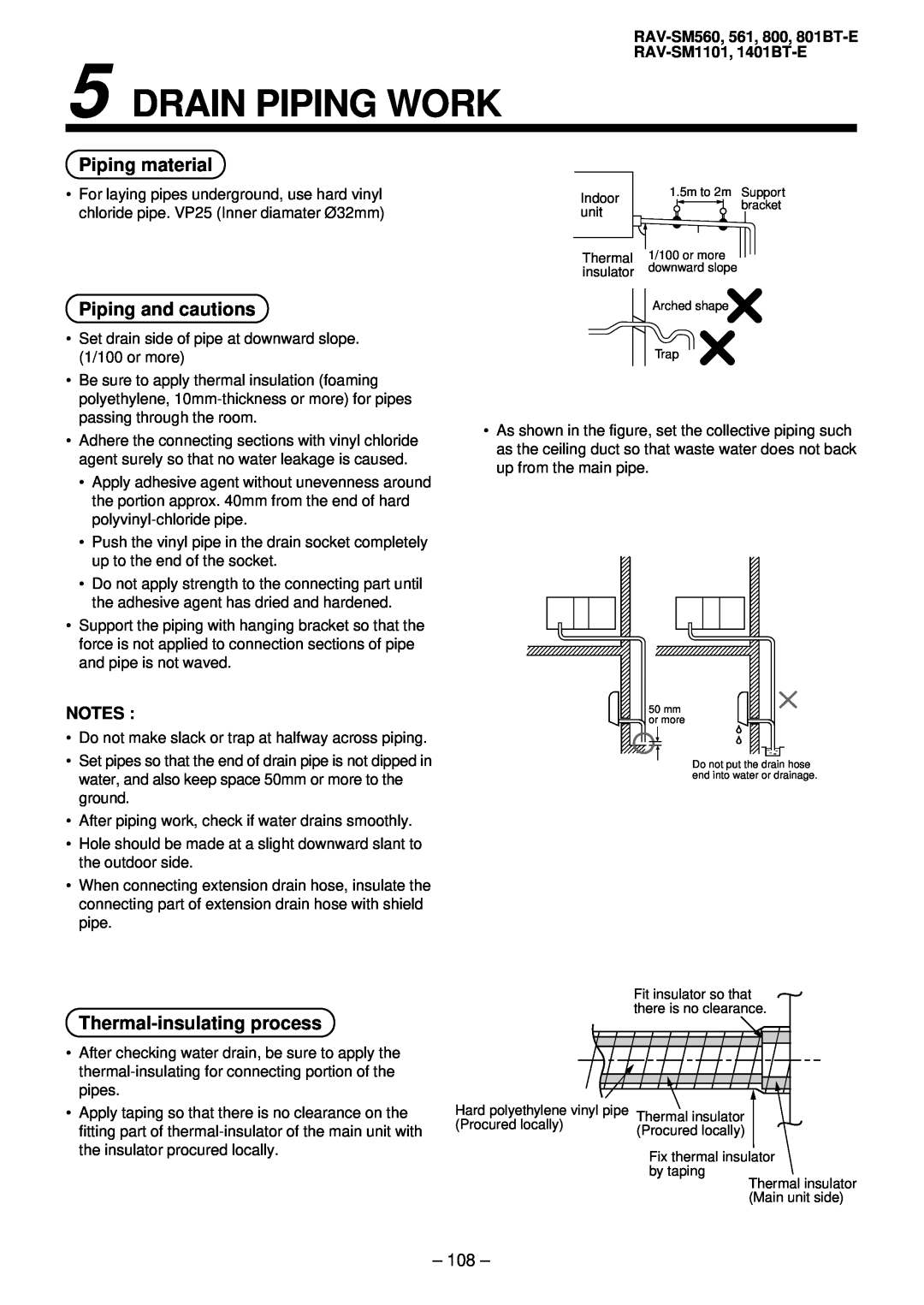 Balcar R410A service manual Drain Piping Work, Piping material, Piping and cautions, Thermal-insulatingprocess, Notes, 108 