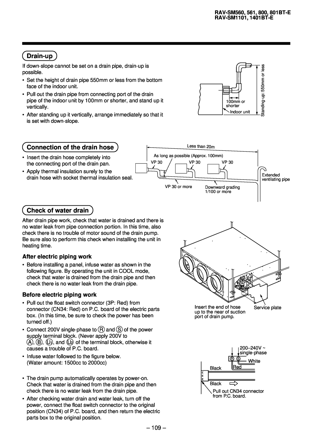 Balcar R410A service manual Drain-up, Connection of the drain hose, Check of water drain, After electric piping work, 109 