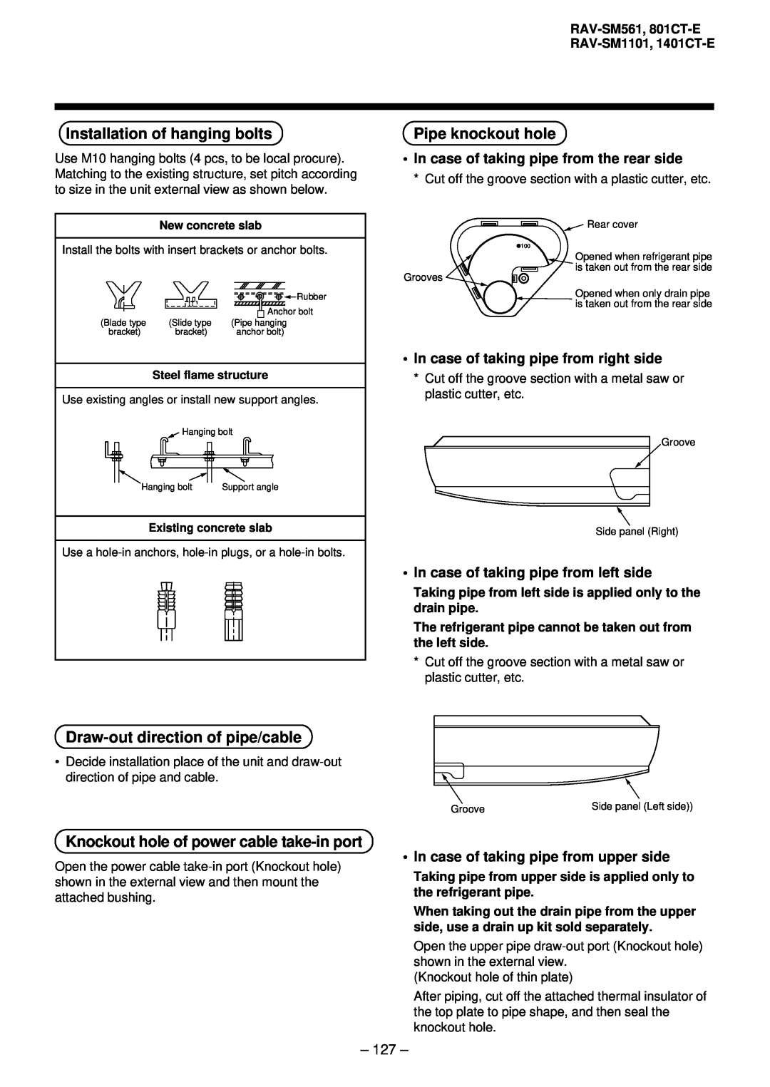 Balcar R410A service manual Installation of hanging bolts, Pipe knockout hole, Draw-outdirection of pipe/cable, 127 