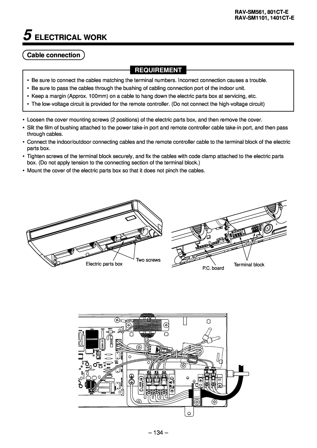 Balcar R410A service manual Electrical Work, Cable connection, Requirement, 134 