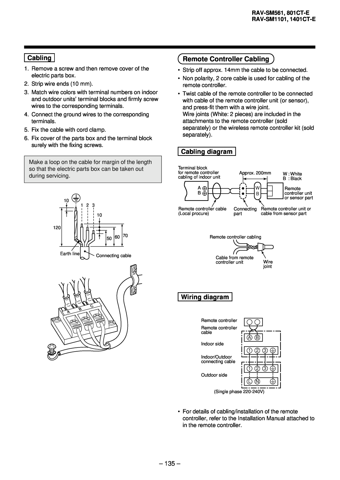 Balcar R410A service manual Remote Controller Cabling, Cabling diagram, Wiring diagram, 135 
