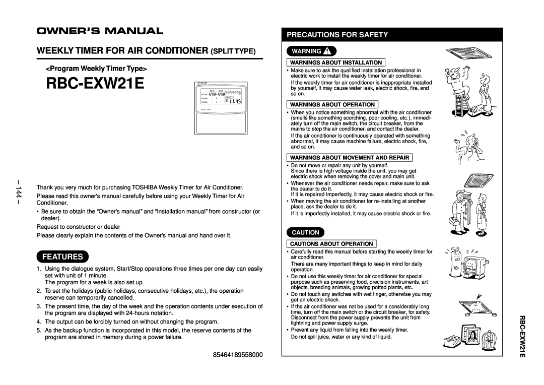 Balcar R410A service manual RBC-EXW21E, Owner’S Manual, Features, 144, <Program Weekly Timer Type>, Precautions For Safety 