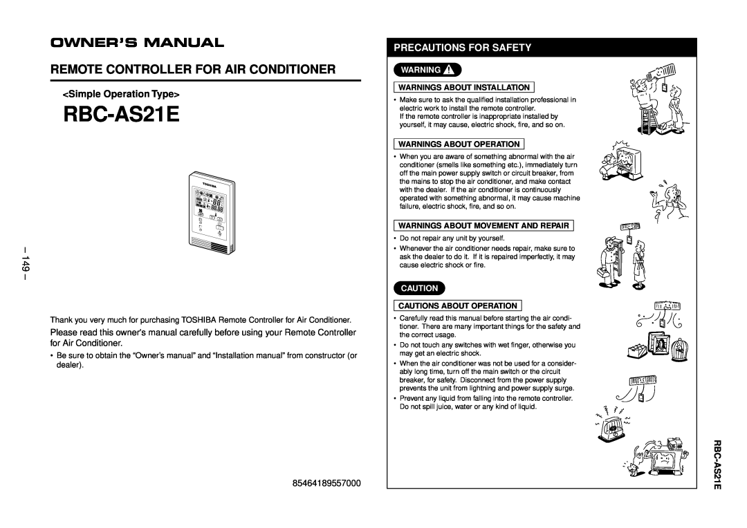 Balcar R410A service manual RBC-AS21E, Owner’S Manual, <Simple Operation Type>, 149, Precautions For Safety 