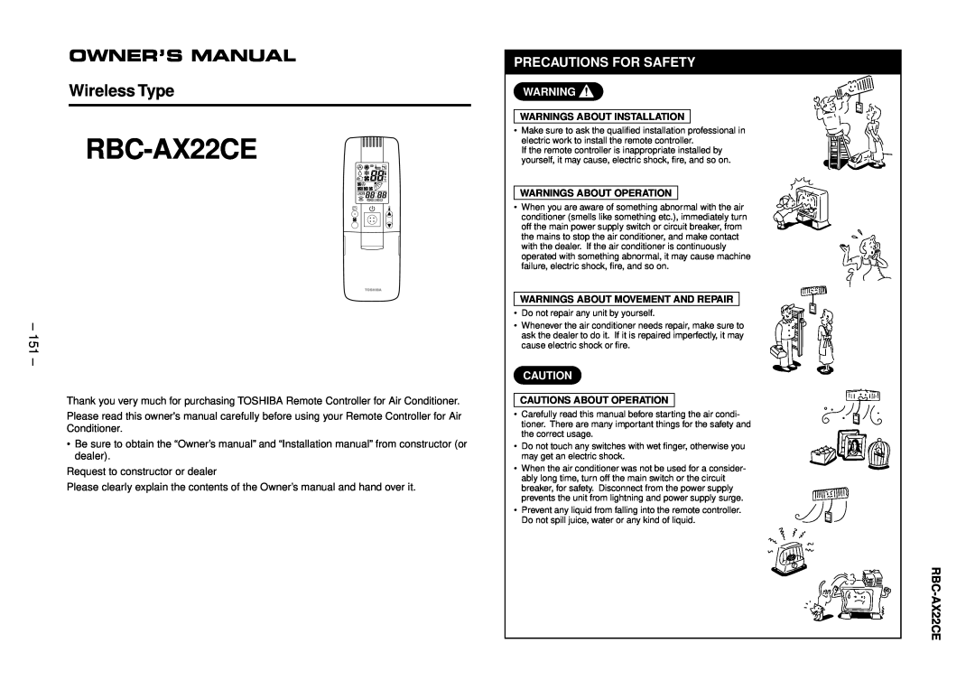 Balcar R410A service manual RBC-AX22CE, Owner’S Manual, Wireless Type, 151, Precautions For Safety 