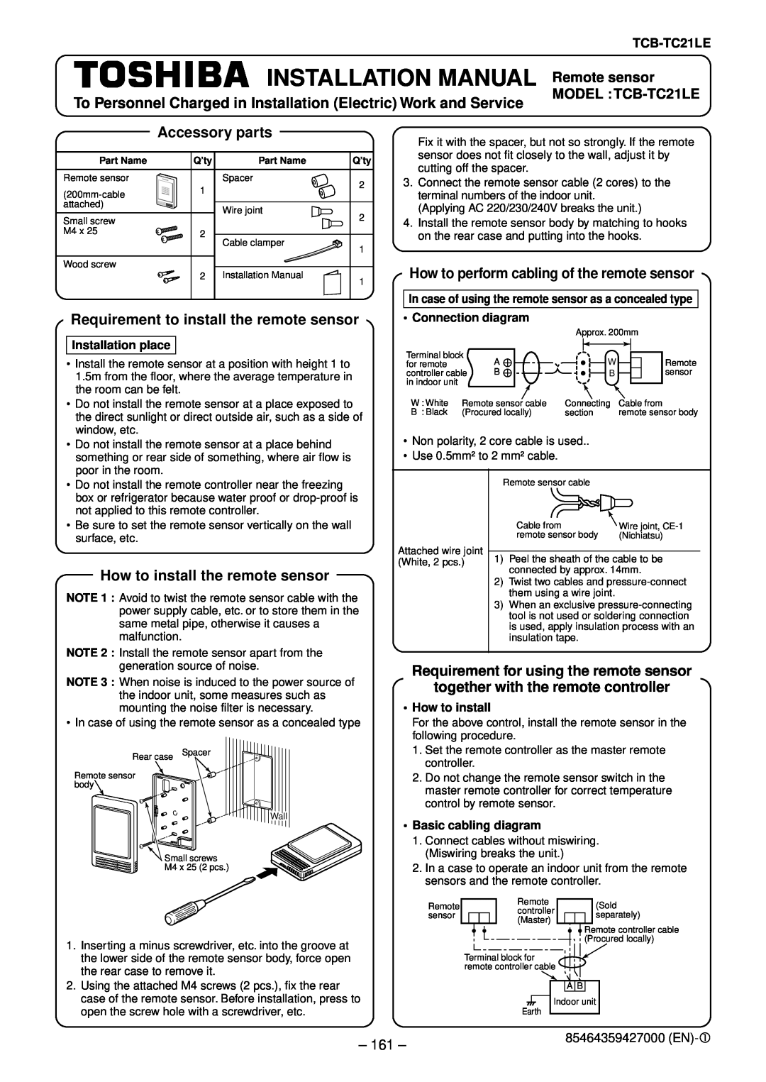 Balcar R410A INSTALLATION MANUAL Remote sensor, MODEL : TCB-TC21LE, Accessory parts, How to install the remote sensor, 161 