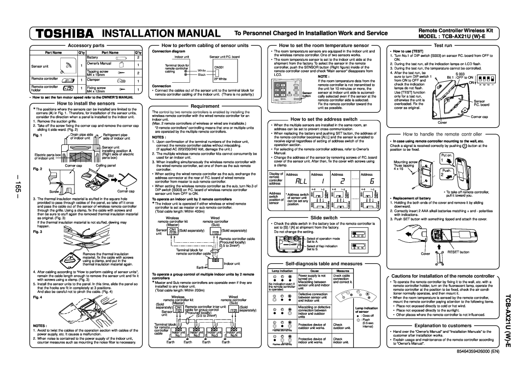 Balcar R410A service manual Installation Manual, TCB-AX21U W-E, How to perform cabling of sensor units 