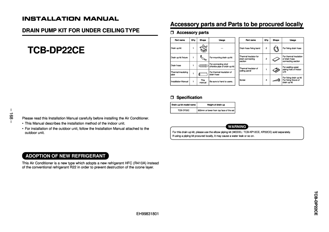 Balcar R410A service manual TCB-DP22CE, Accessory parts and Parts to be procured locally, Installation Manual 