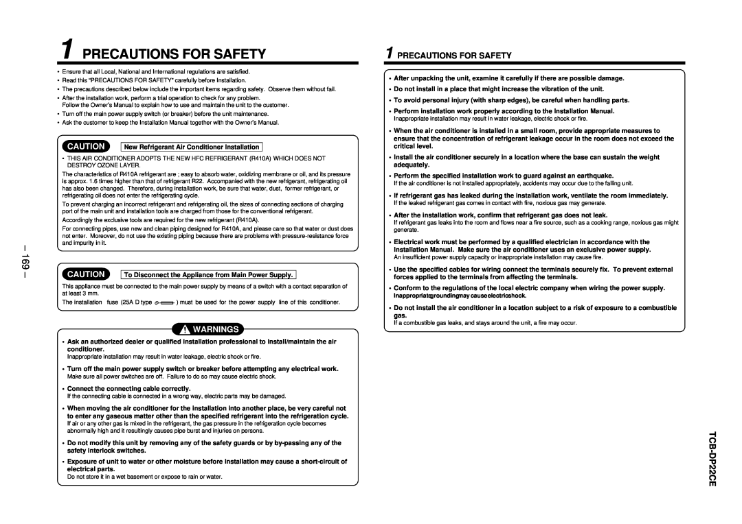 Balcar R410A service manual Precautions For Safety, 169, Warnings 