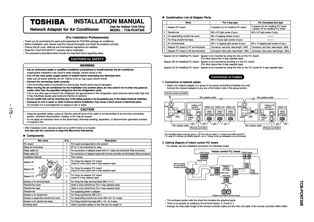 Balcar R410A Installation Manual, 175, CAUTIONS for SAFETY, Connection of Cables, Connection of network cables 