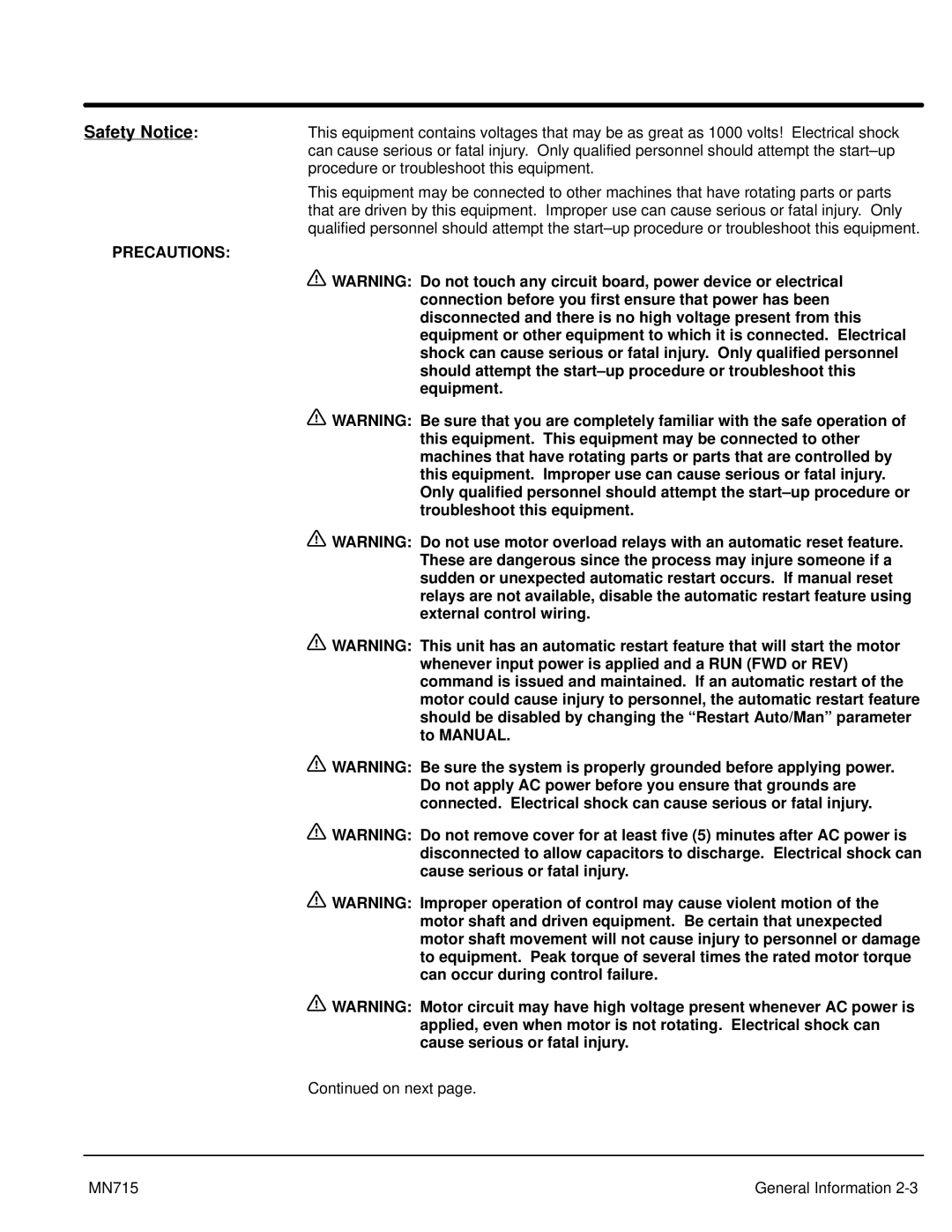 Baldor 15H, Inverter Control manual Precautions 