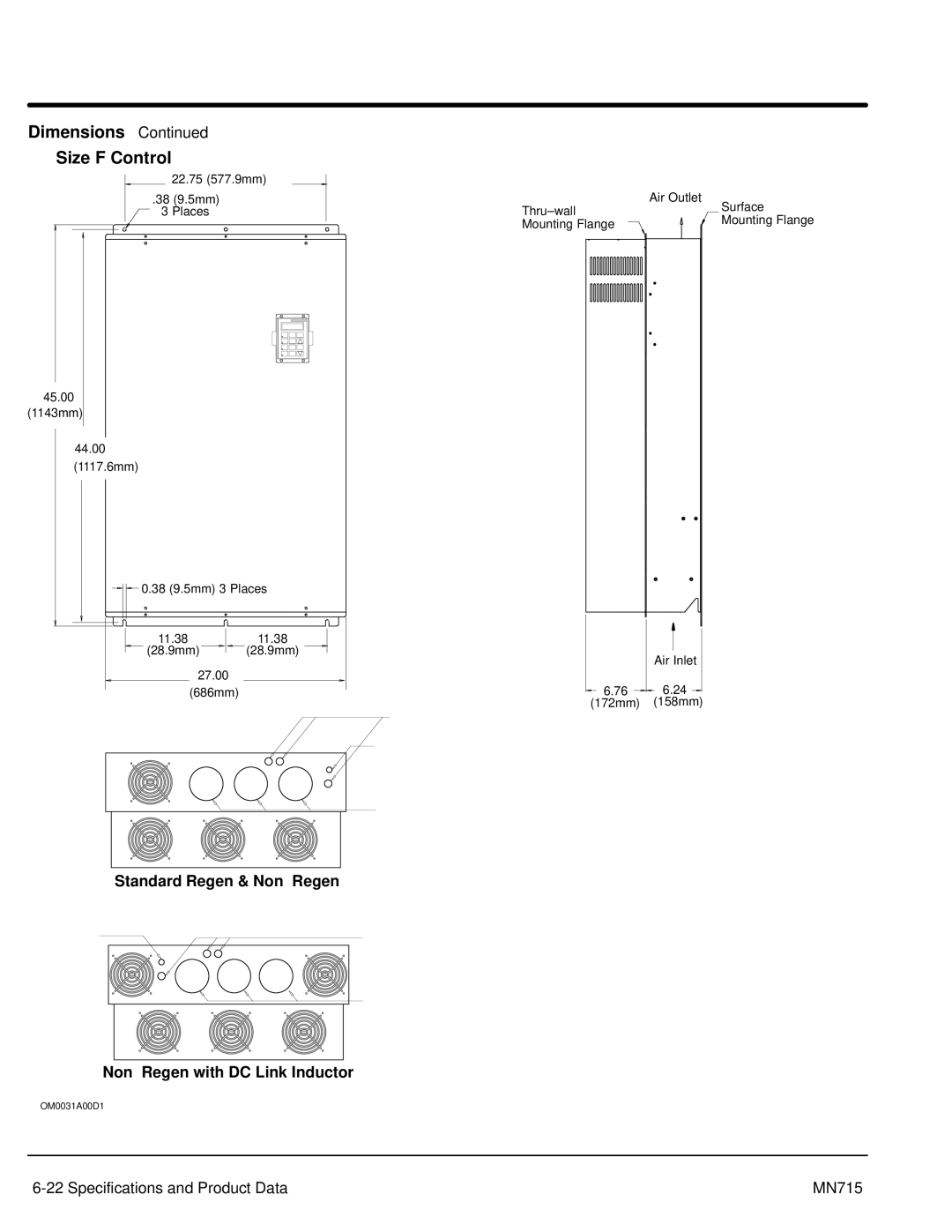 Baldor Inverter Control, 15H manual Dimensions Size F Control, Standard Regen & Non-Regen, Non-Regen with DC Link Inductor 